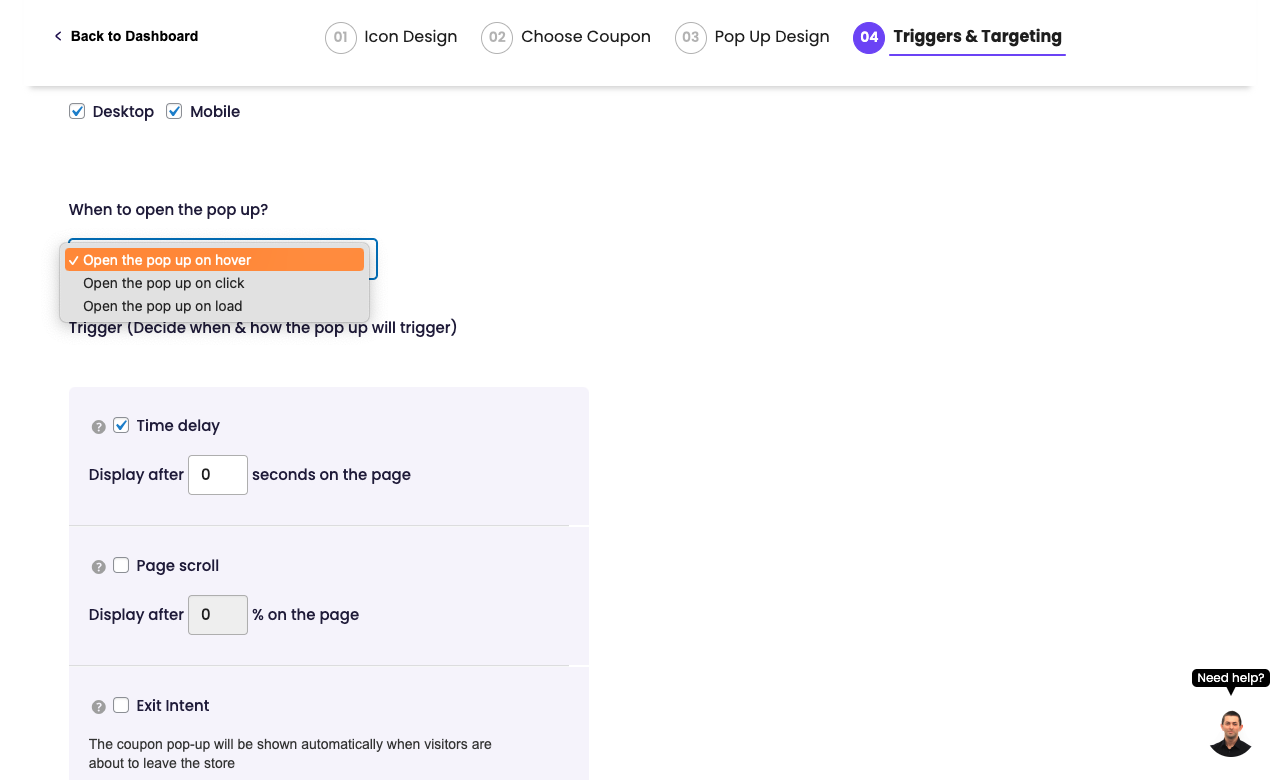 Coupon X Popup dashboard showing triggers and targeting rules