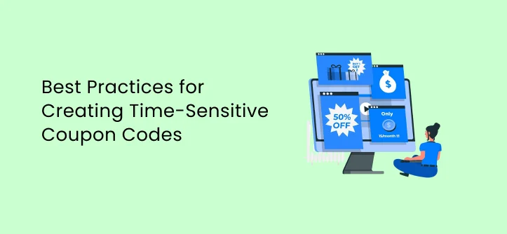 Illustration of a woman sitting in front of a large screen displaying time-sensitive coupon codes representing best practices for creating Time-Sensitive Coupon Codes.