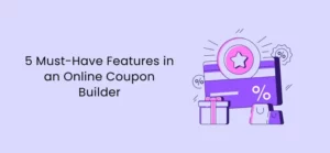Illustration of a coupon card with a star icon, percentage symbol, and shopping bags, representing features of an online coupon builder.